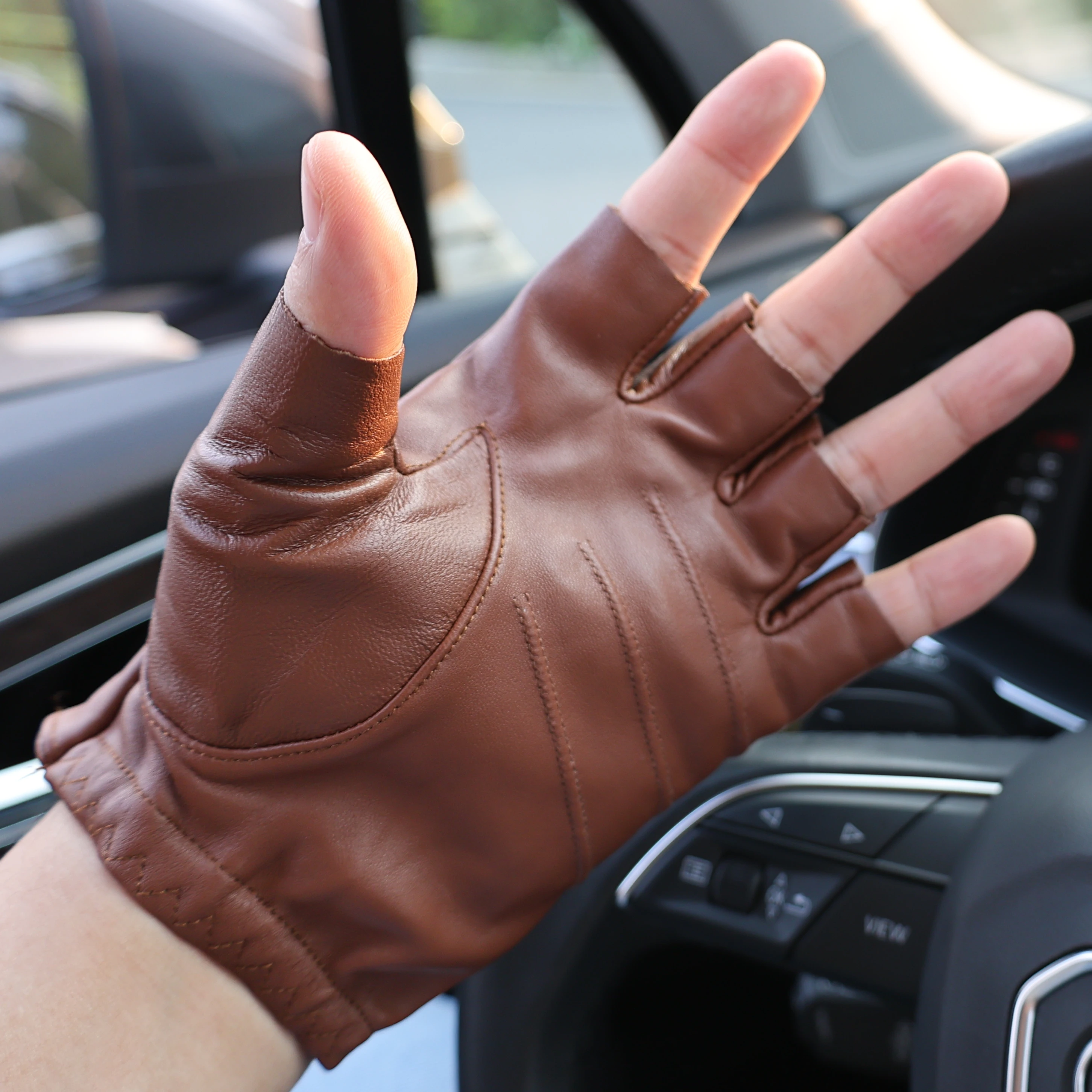 Herren Fingerlose Halbfinger-Lederhandschuhe Leder-Schafsfell Outdoor-Handschuhe für Männer – Detail 1