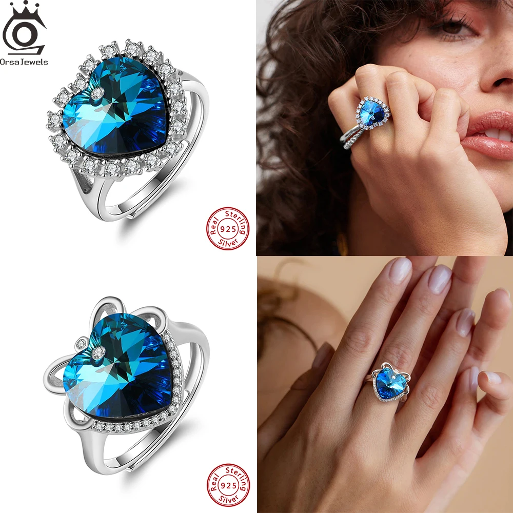 

ORSA JEWELS 925 Sterling Silver Love Heart Ring with Zirconia Austrian Blue Crystal Heart Shaped Hand Jewelry Adjustable SWR04