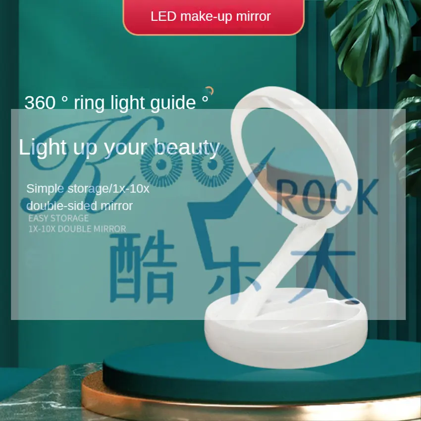 Portable Foldable Makeup Mirror with LED Lights, Double-Sided Magnifying and Dimmable Ring Light, Tabletop Vanity Mirror, Home