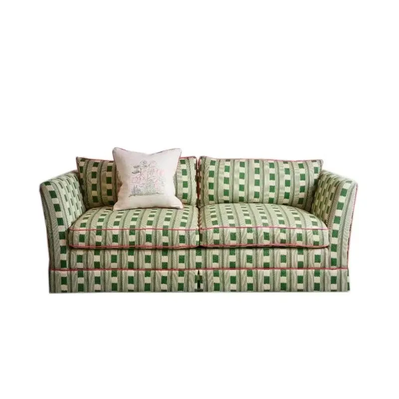 American retro, green and white plaid double sofa, French rural pastoral, small living room, removable and washable fabric sofa