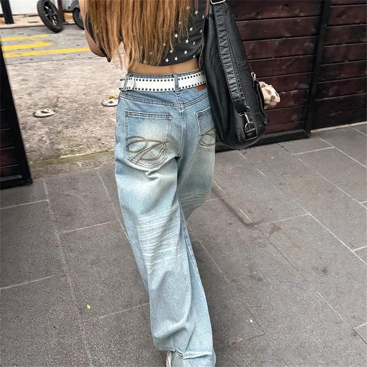 

Women's High Waist Wide Leg Light Blue Jeans Vintage Washed Unique Back Pocket Stitch Y2K Streetwear Loose Denim Trousers
