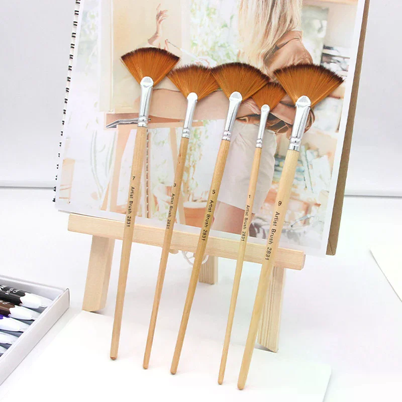 5pcs Fan Shape Gouache Painting Pen Nylon Hair Paint Brush Drawing Art Supplies