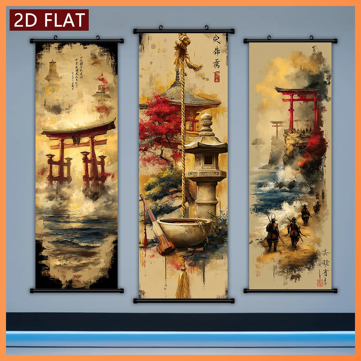 VIKAMA Vintage Japanese Torii Seascape 3 Piece Wall Scroll Tapestry Set Oriental Wall Art Decor for Living Room Bedroom Gift