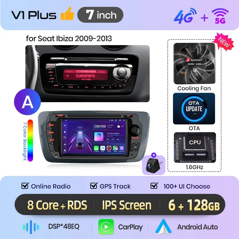 Junsun Wireless CarPlay voor Apple Android Auto autoradio voor Seat Ibiza MK4 6j 2008 2009 2010 2011-2013 GPS multimediaspeler stereo autoradio touchscreen