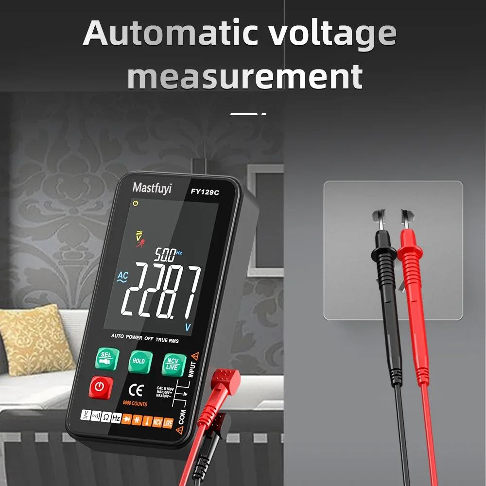 MASTFUYI Slimme digitale multimeter met beugel LCD-kleurenscherm AC/DC-spanningstester Ohm Diode NCV Frequentie Live Wire Check