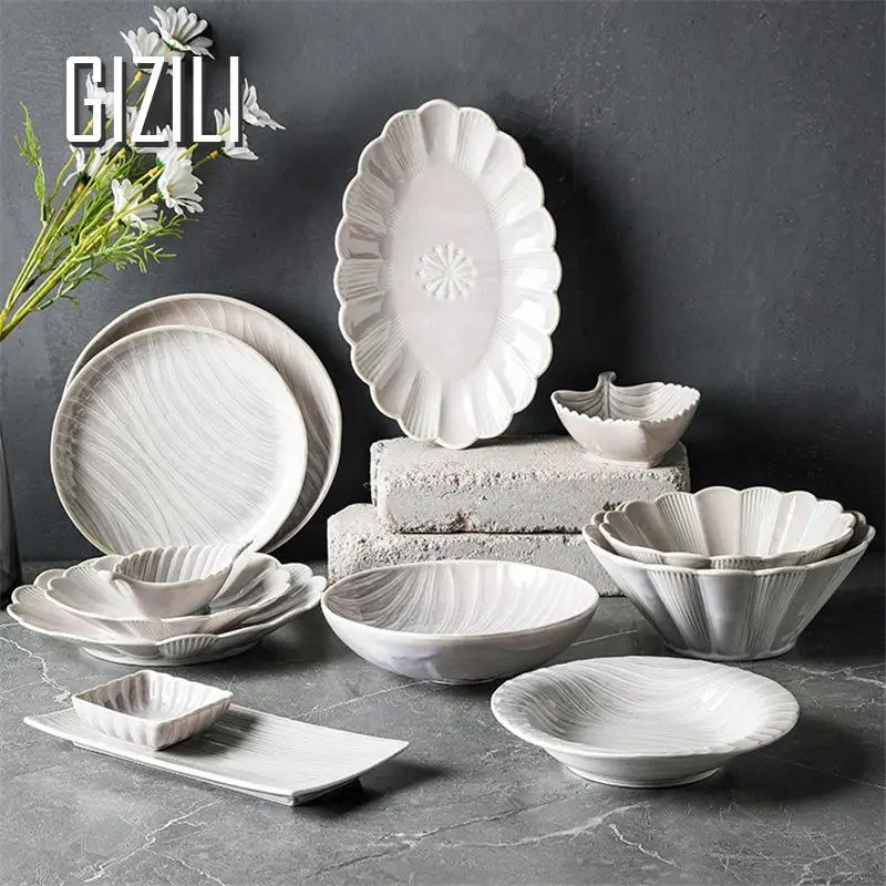 Ceramic Dinner Plates And Bowls Flower Shape Creative Japanese Retro Kiln Changed Tableware Dinnerware Set Plate Platos De Cena