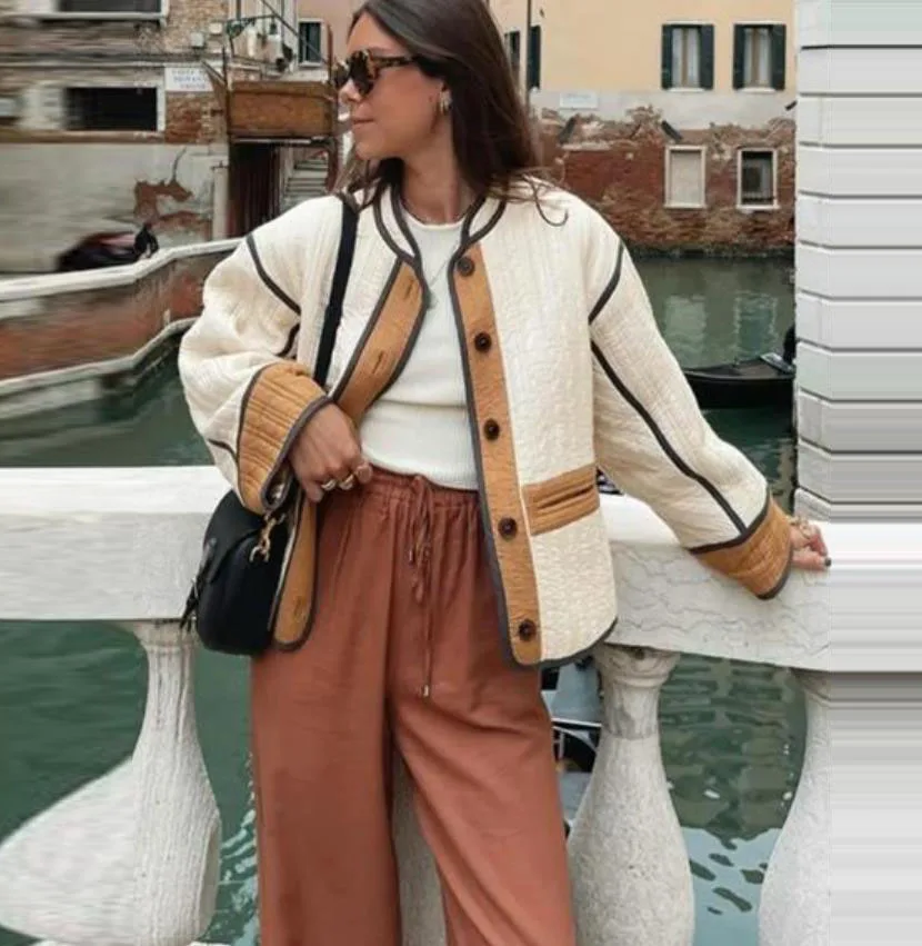 Women Chic Contrast Patchwork Cotton Jacket Elegant Stand Collar Single Breasted Pockets Coat Fall Winter Lady Chic Outwear