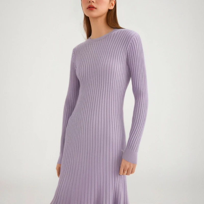 Ribbed-knit Jersey Dress Long Sleeve Ruffle Hem Solid Color Crew Neck Sweater Dress 2024 Knitwear Autumn/Winter Woman Clothing