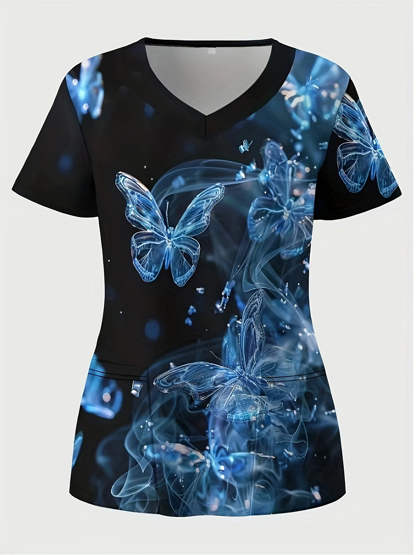Butterfly Pattern 3D Print Dual Pockets V-neck Top Comfortable  Functional Care Short Sleeve Uniform for Nurse Women's Clothing