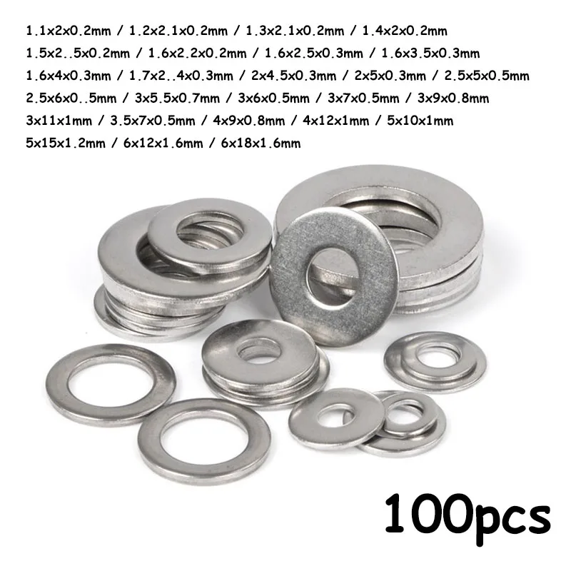

100pcs Silver Large Flat Washer 304 Stainless Steel Big Metal Gasket Plain Washers M1.1/1.2/1.3/1.4/1.5/1.6/1.7-M6 DIN125/GB97