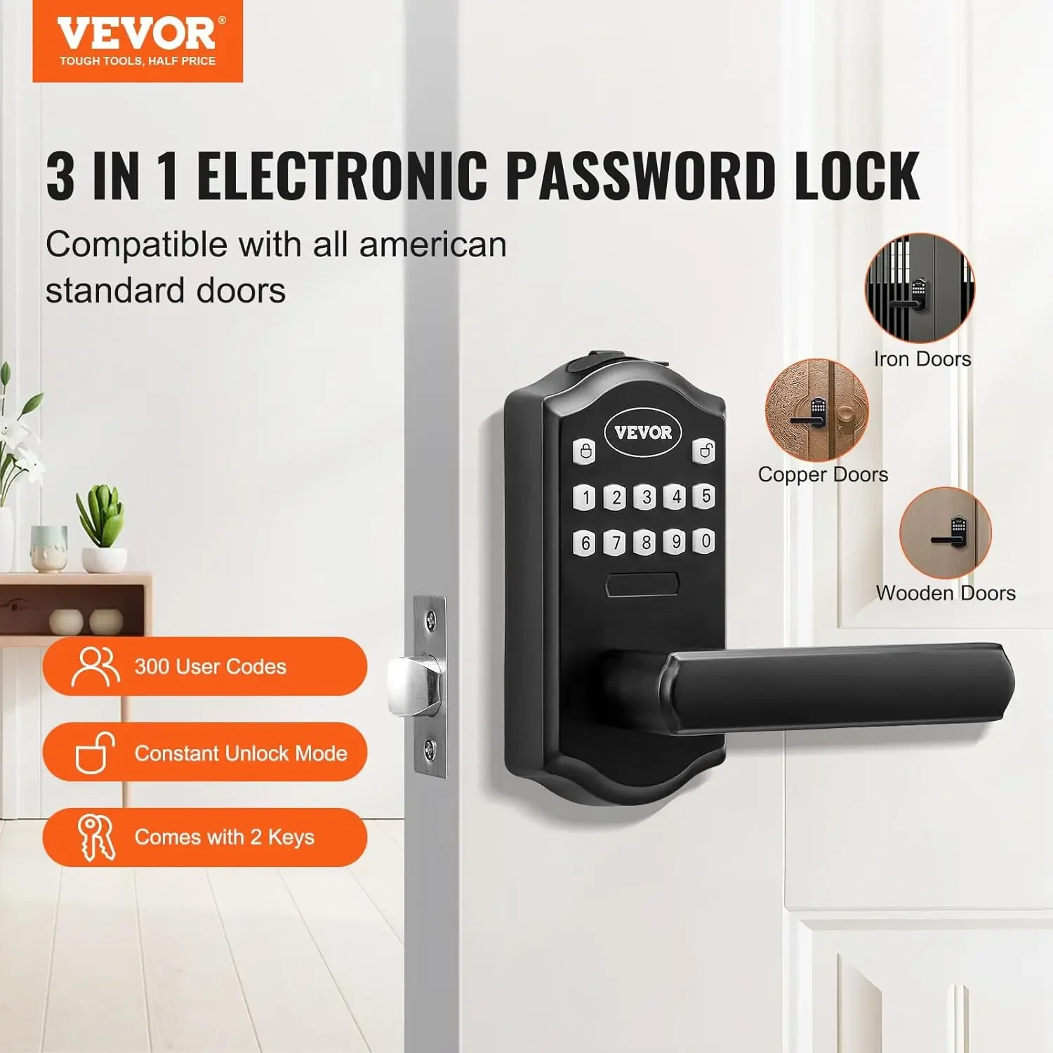 Keyless Entry Door Lock, Electronic Keypad Entry Lever, Password and Key Unlock Combination Door Lock, Auto-Locking Keypad