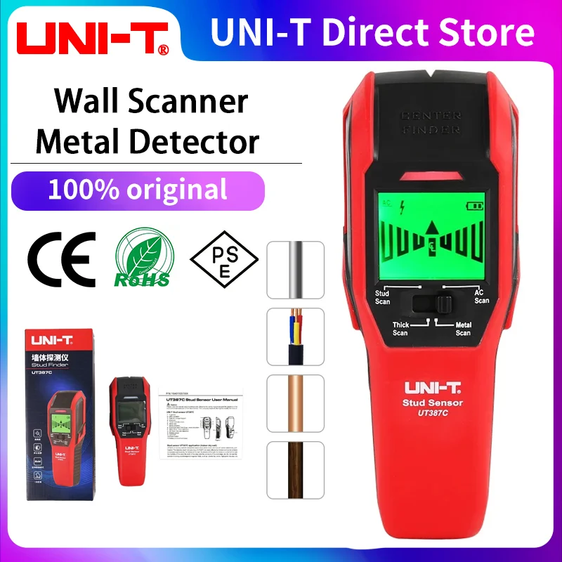 UNI-T UT387C Wall Scanner Metal Detector 4 in 1 AC Voltage Live Wire Wood Stud Finder Copper Buzzer Calibration UT387E UT387S