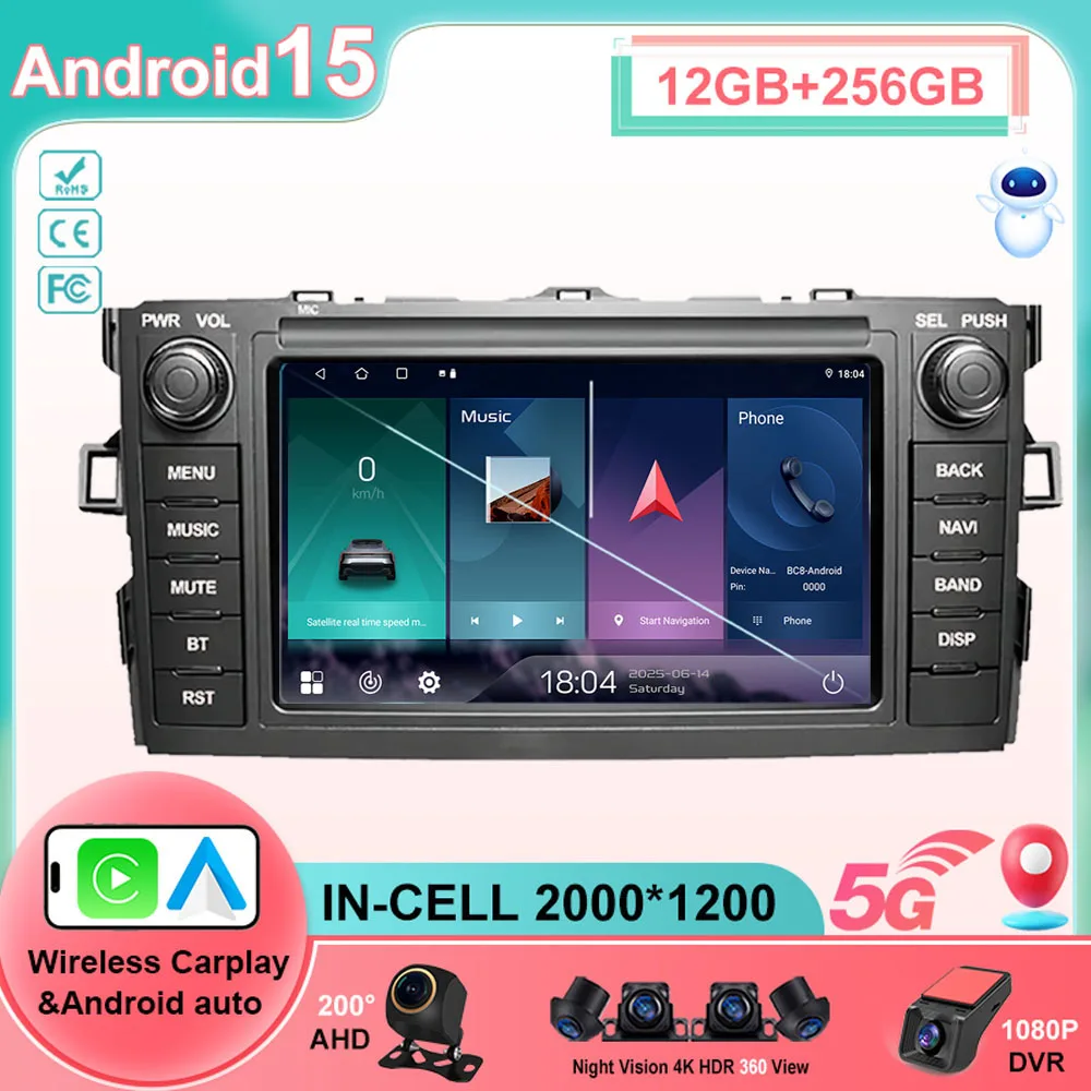 Android 15 Carplay For Toyota Auris Corolla 2006-2012 Car Radio Multimedia Player GPS WIFI Android Auto Head Unit 2din 5G