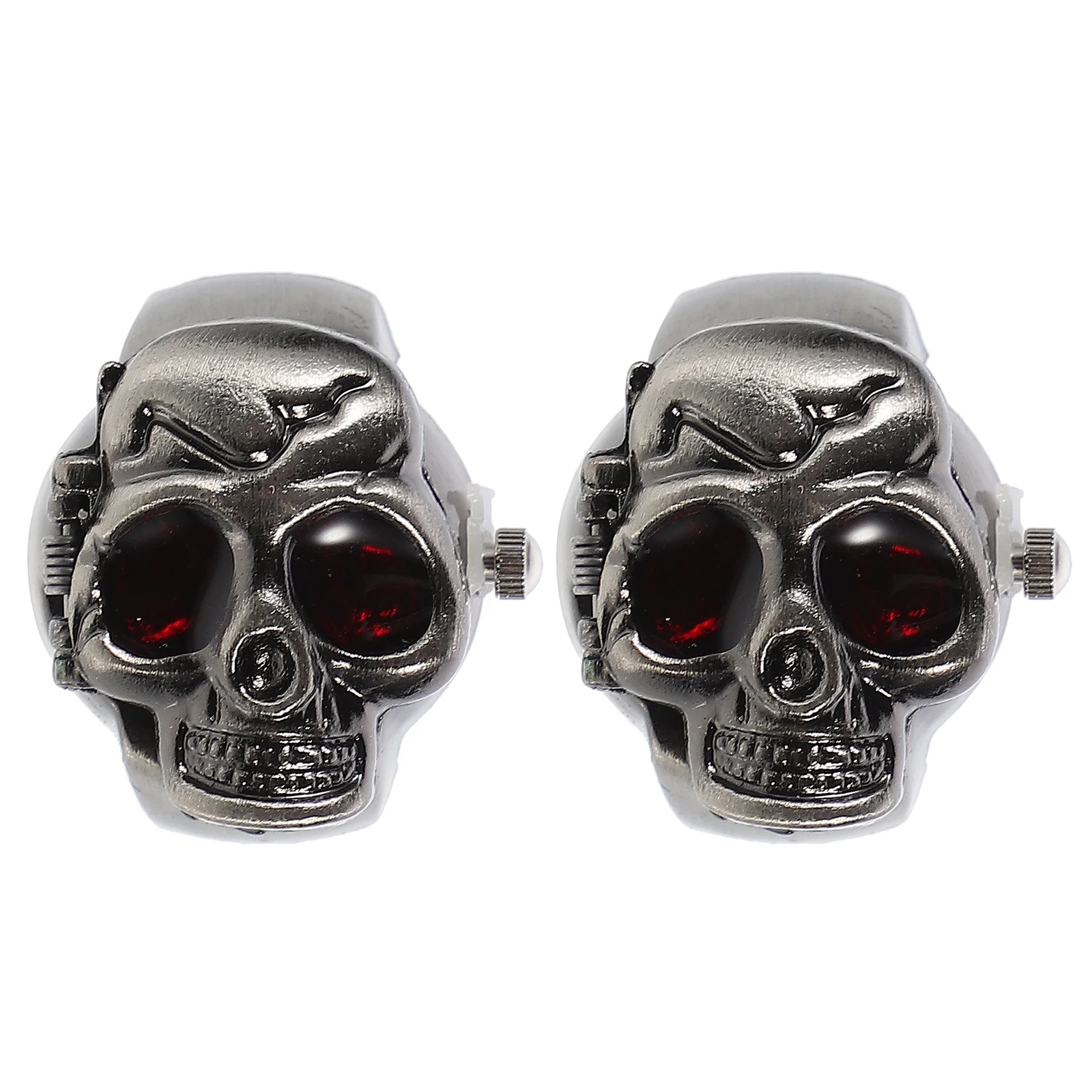 

2Pcs Retro Flip-Open Cover Finger Ring Watch Punk Skull Design Elastic Strap Casual Finger Watch for Daily Wear