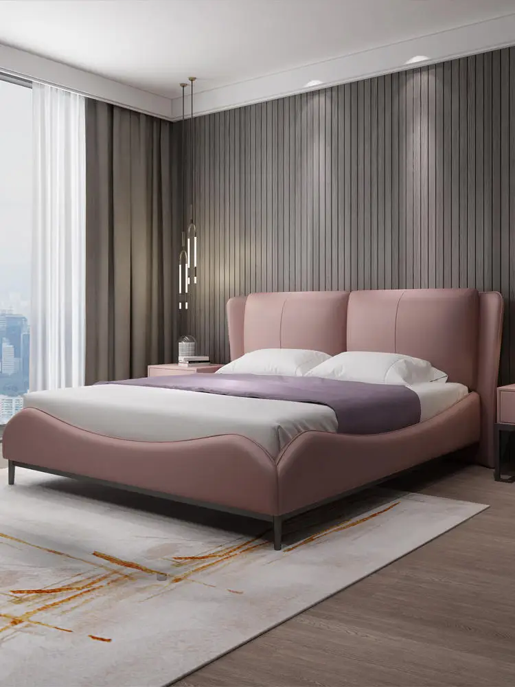 

2024 new Italian leather bed modern simple double soft bag big bed high-end light luxury master bedroom wedding bed furniture be