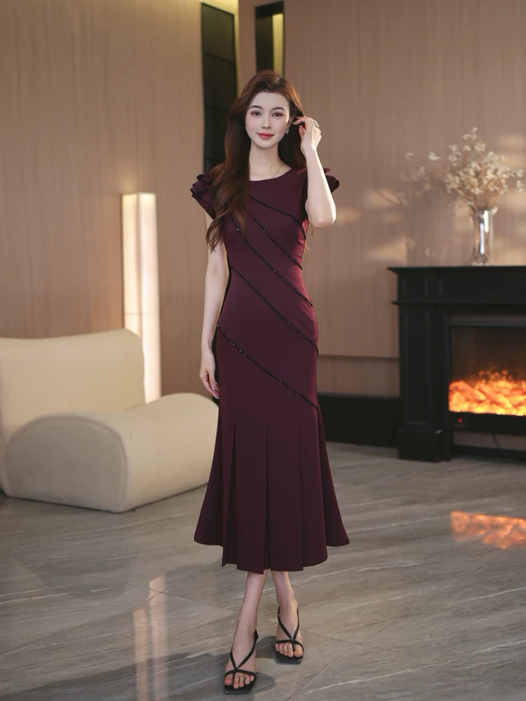 

Романтичное оригинальное летнее модное платье винного цвета с коротким рукавом, завязками на талии и пышной юбкой, для города, элегантный стиль, круглый вырез