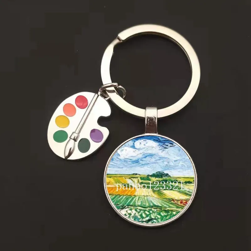 Classic Van Gogh Keychain Starry Night Painting Glass Cabochon Keyring Chain Retro Car Bag Keychain Ladies Jewelry