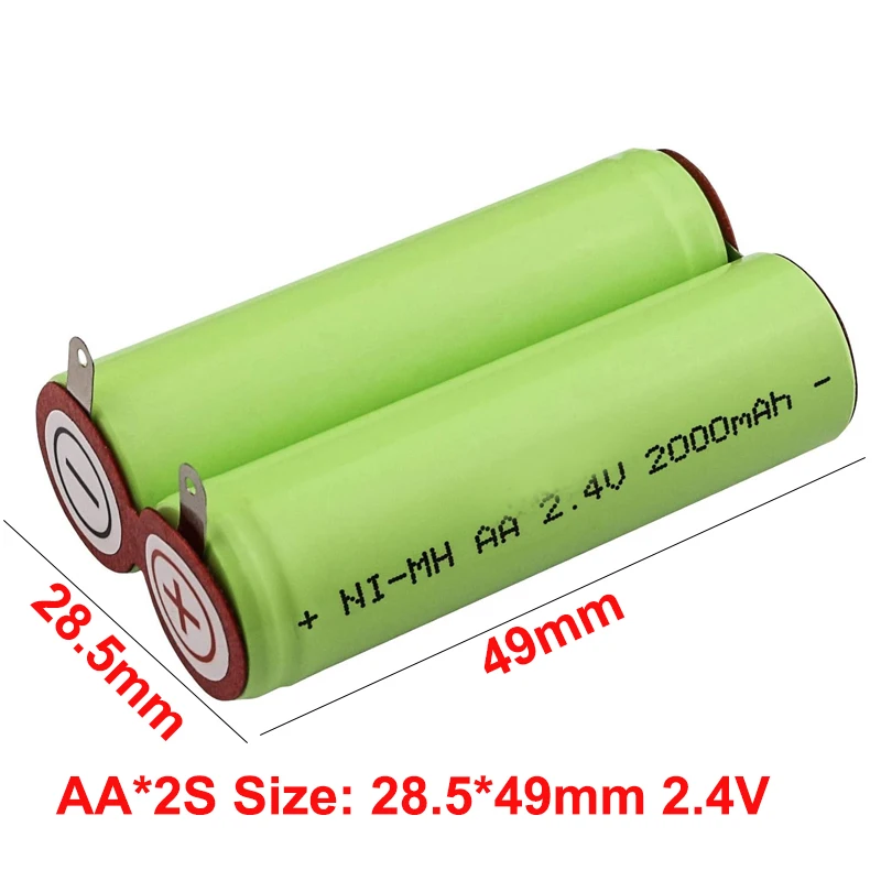 New AA 2000mAh 2.4V NI-MH Rechargeable Battery Pack for Electric Toothbrush Shaver with Tabs 2 Cells in Series