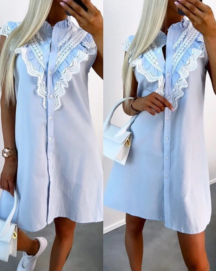 

Women Dress Fashion Summer Stand Collar Contrast Lace Sleeveless Trim Frill Hem Button Solid Casual Straight Mini Shirt Dress