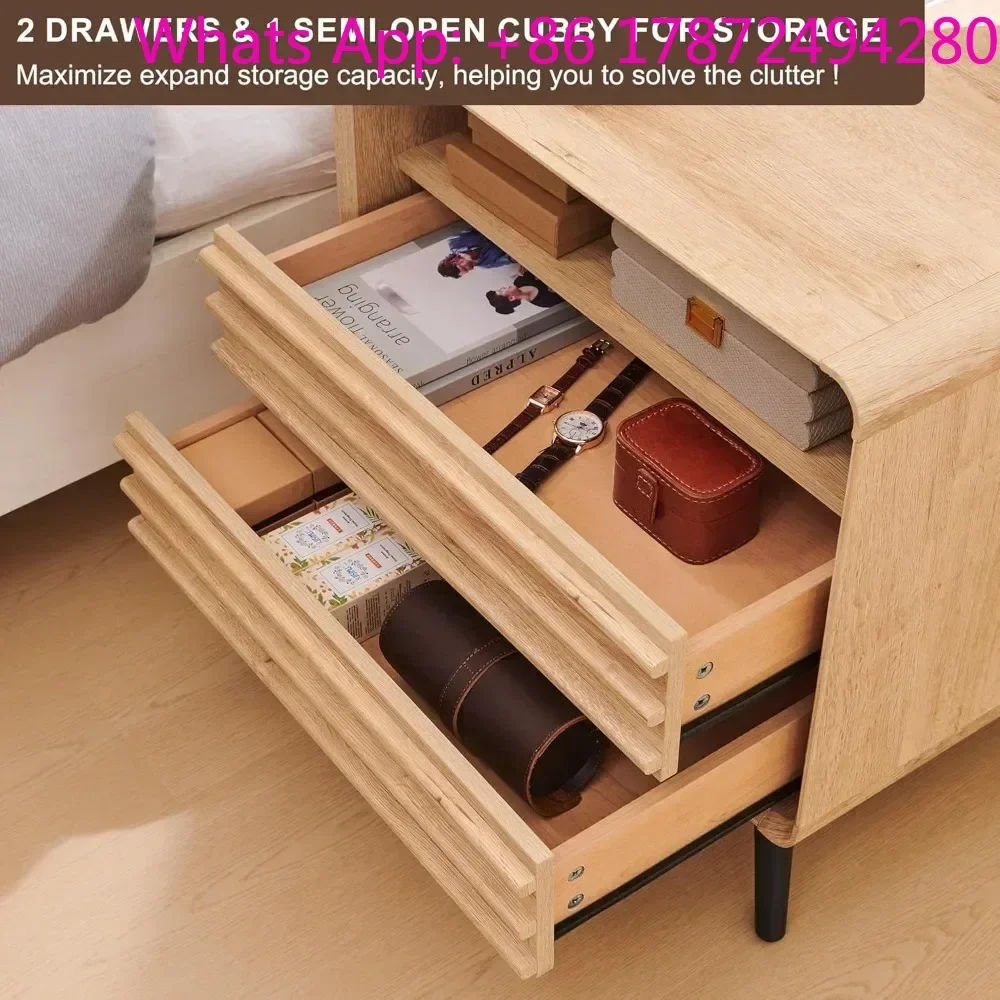 Mid Century Modern Fluted End Table with 2 Drawers, Wooden Side Table with Open Cubby Storage