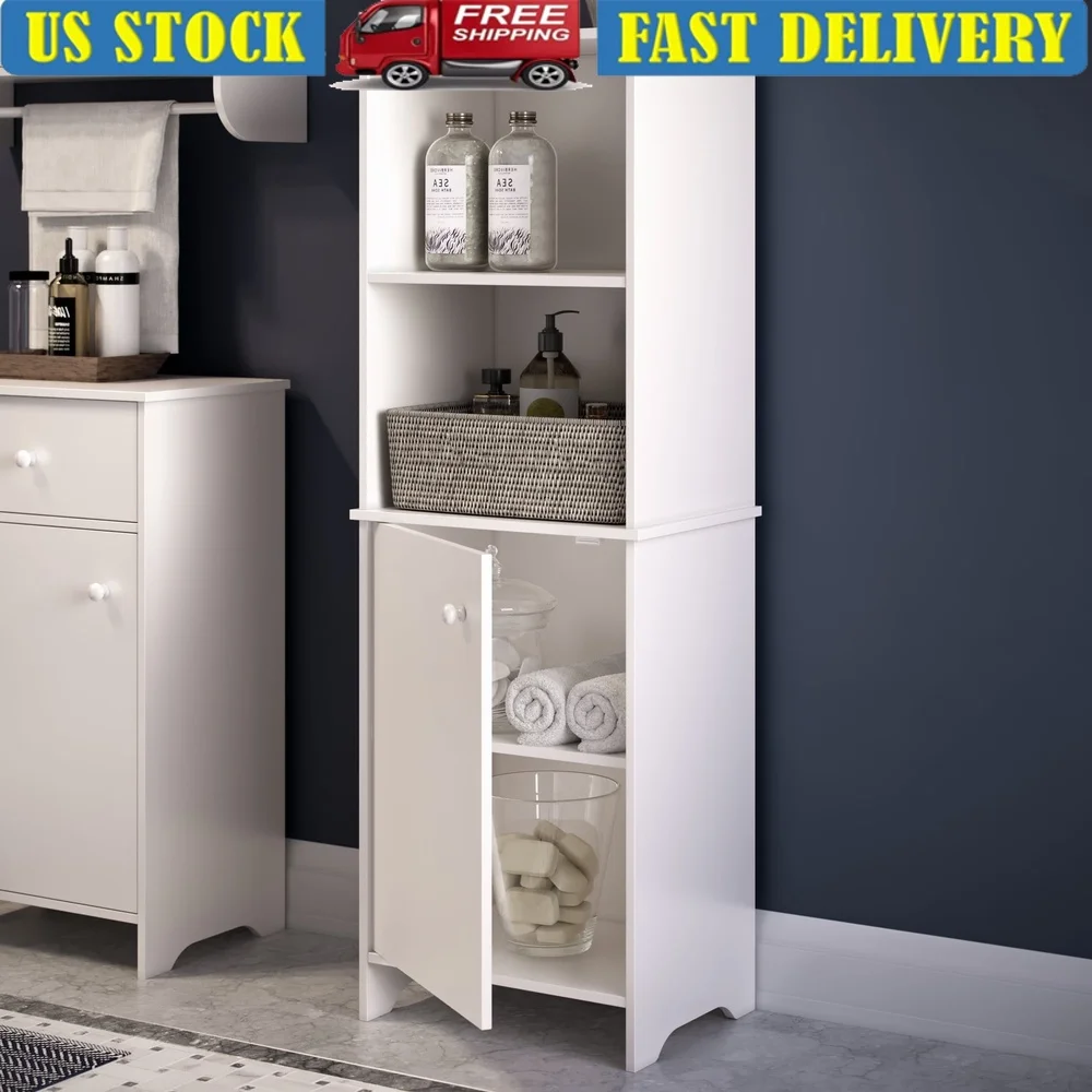 

Bathroom Storage Cabinet Tall Organizer Adjustable Shelves Freestanding Linen Cabinet with Door and Open Shelves Home Decor