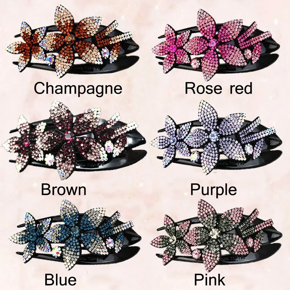 Rhinestone Double Flower Hair Clip Flexible Durable Women Hair Dovetail Clip Durable Charm Hair Claw