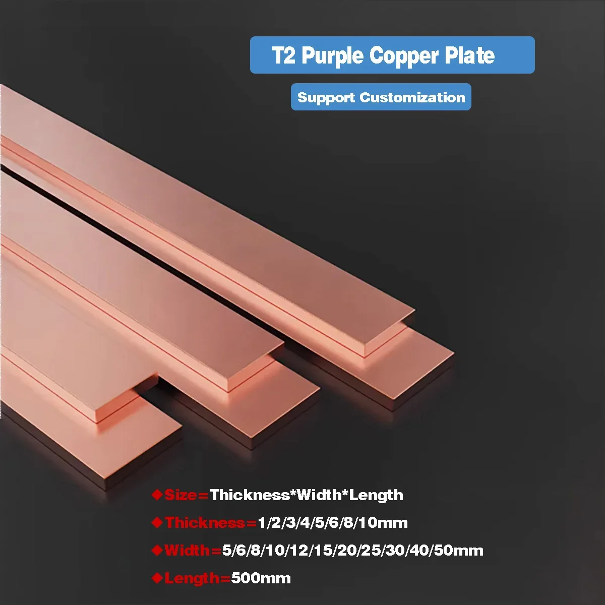 

Thickness=1/2/3/4/5/6/8/10mm T2 Purple Copper Plate Flat Strip / Pure Red Copper Plate/Customized Processing Length=500mm