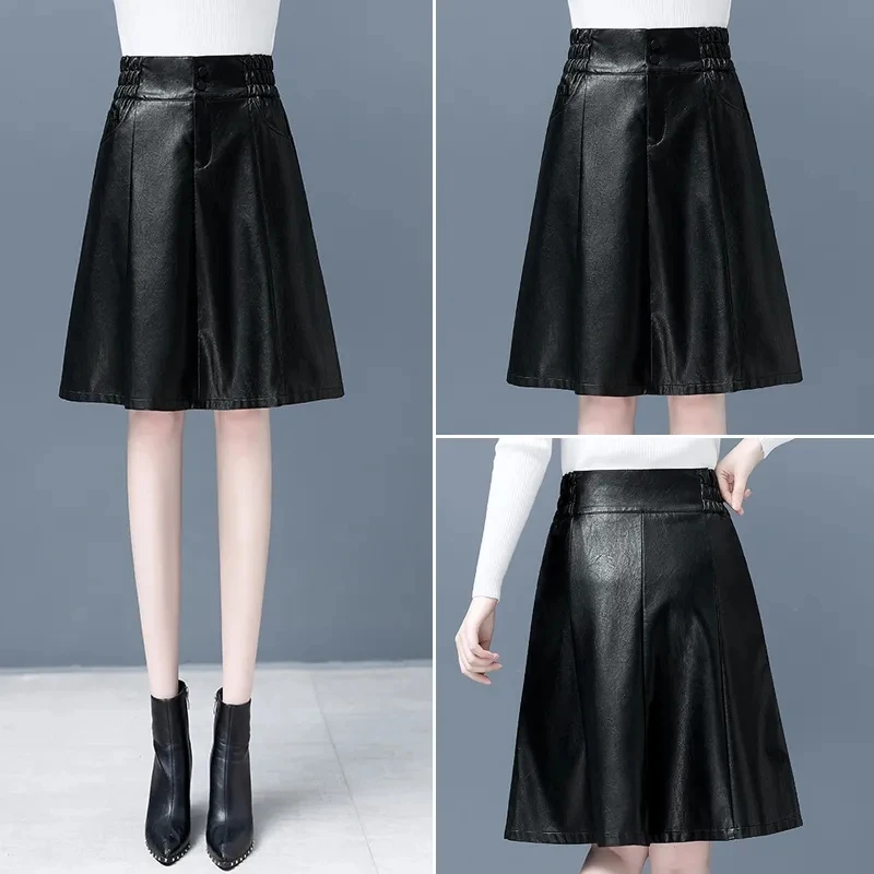 2024 New ,Spring Autumn Genuine PU Leather Skirt, For Women Clothing ,Elegant High Waist Black Skirts, A-line Sheepskin Skirt