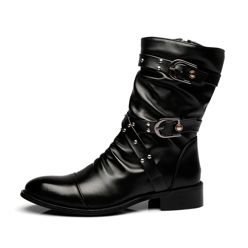 Autumn and winter British pointed high top leather shoes men's boots Korean version mid top fashionable fleece warm leather boot