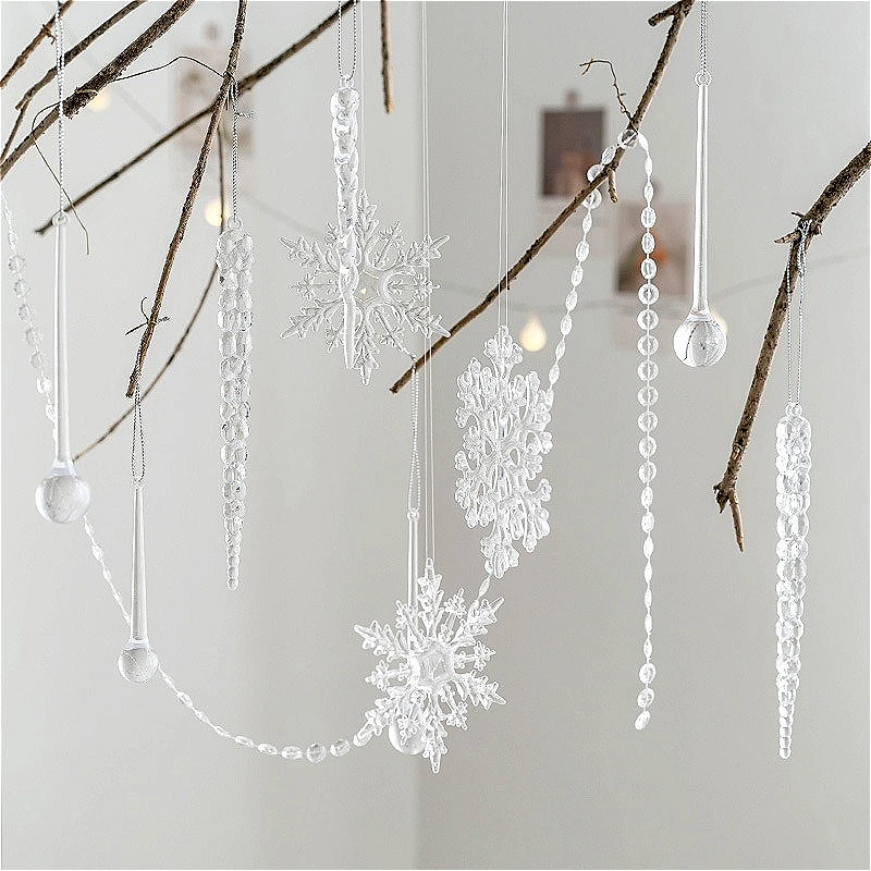 

Nordic Crystal Christmas Ornaments Set, Transparent Ice Beads with Snowflake Icicle Drops for Xmas Tree Decor