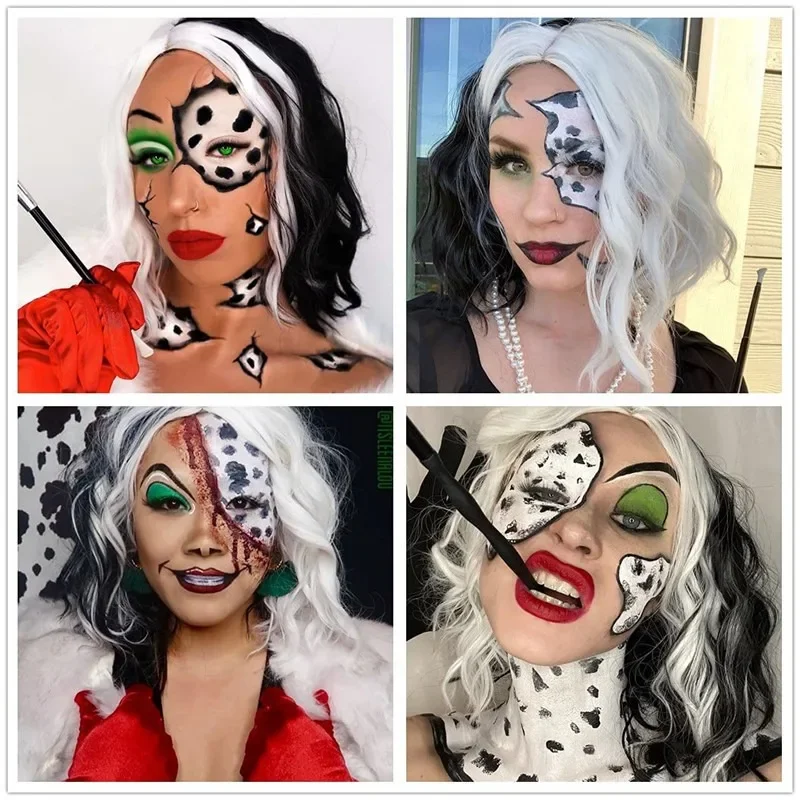BERON Dames Kort Krullend Haar Zwart en Wit Yin-yang Pruik Golvende Pruik Halloween Cosplay Pruik Hoofdband
