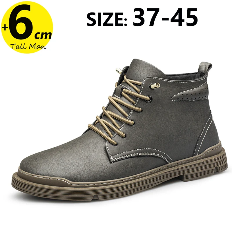 Winter Men Leather Outdoor Ankel Boots Warm Height Increase Insole 6cm Man Elevator Shoes Plus Size 37-46