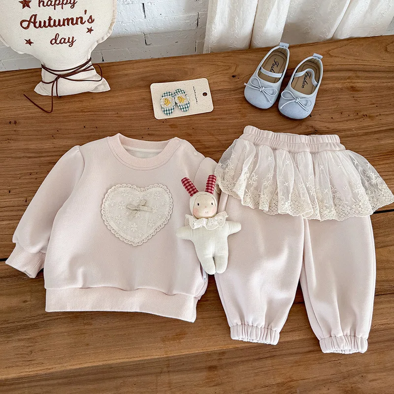 

Girls Suit 2025 Autumn New Children's Clothing Baby Fashion Lovely Love Lace Hoodie Two Sets 1-3 Years Old Casual Simple Daily