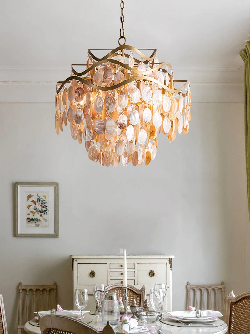 

French Postmodern Shell Crystal pendant lamp Staircase Light Luxury Living Room Dining Room Chandelier Villa American Lighting