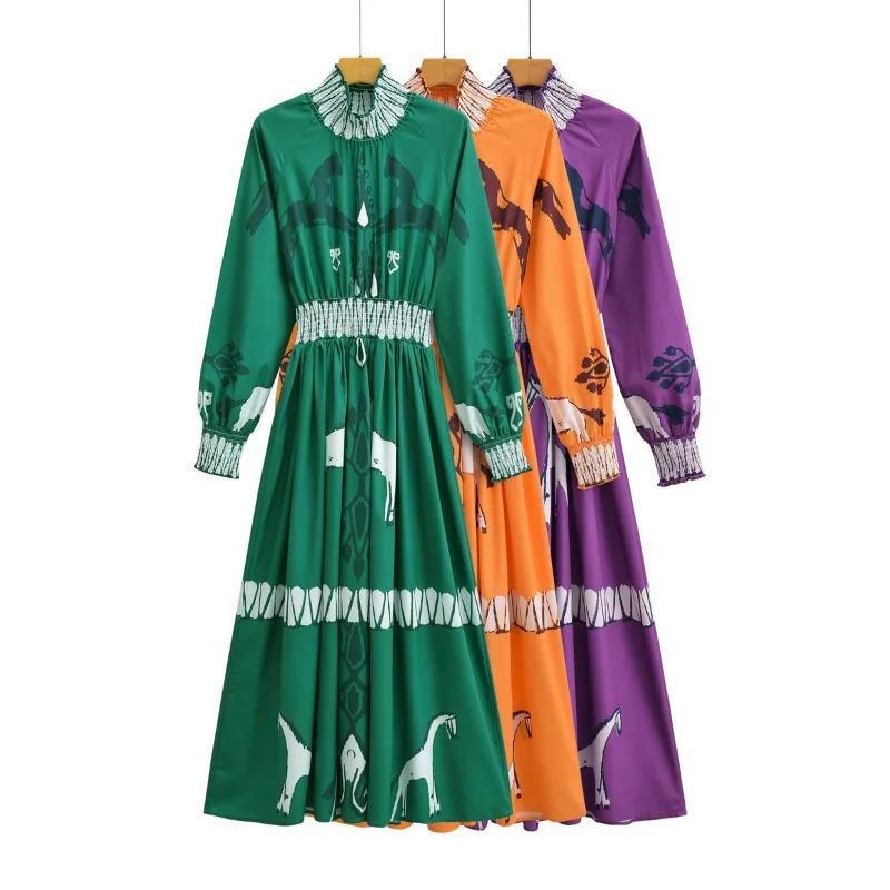 European Horses Printed Long Sleeve Stand Collar A-line Long Dress