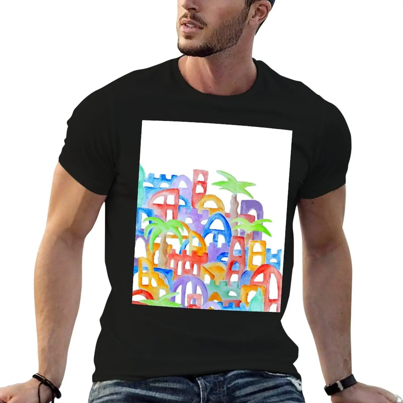 Colorful Oriental Watercolor City Cinque Terre Aquarelle Drawing T-Shirt Basic Plain Short Sleeve Crew Neck Tee
