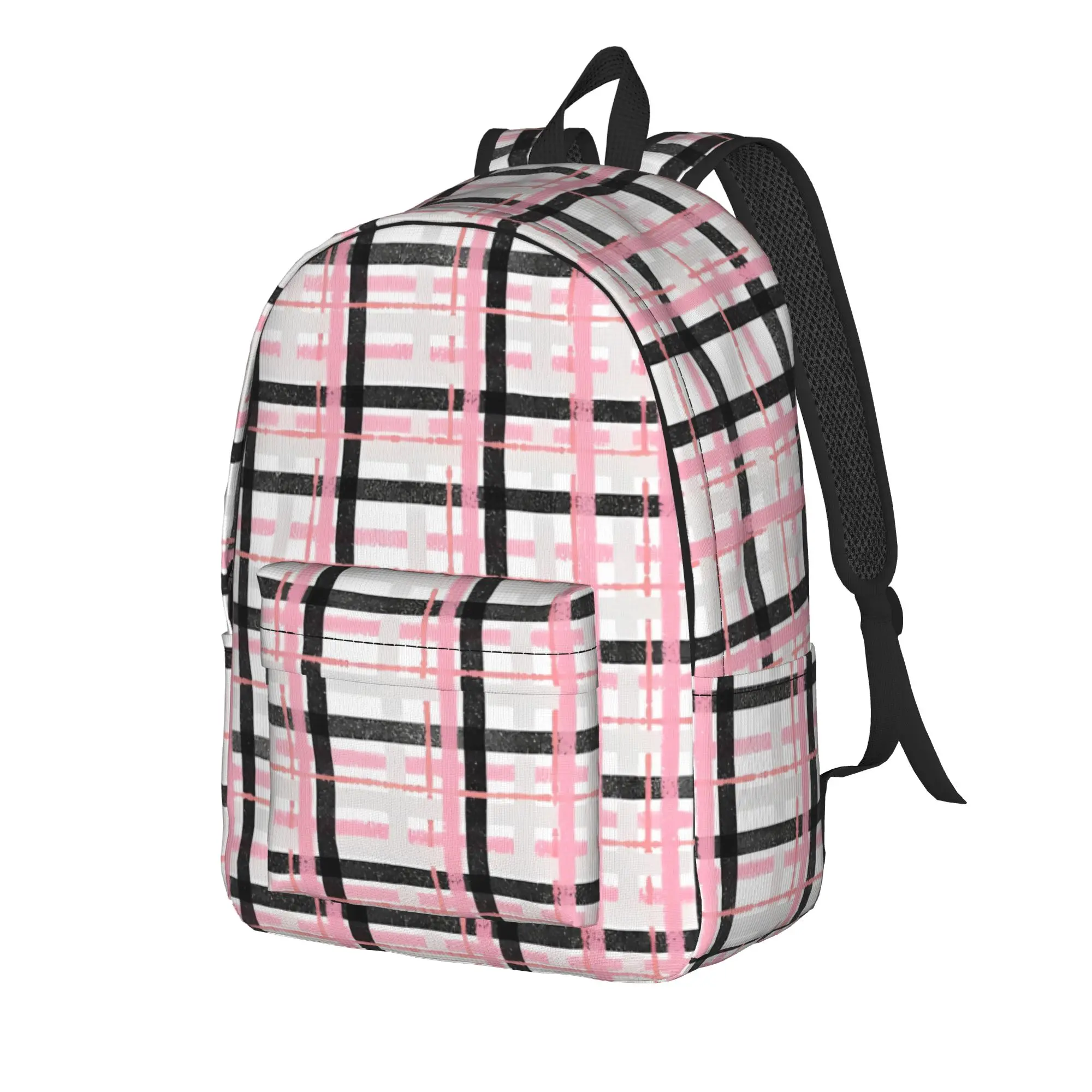 Back to school season Classic Textured Pink Black And Gray Plaid Storage Bag Back To School Men Women Adult Daypack Backpack