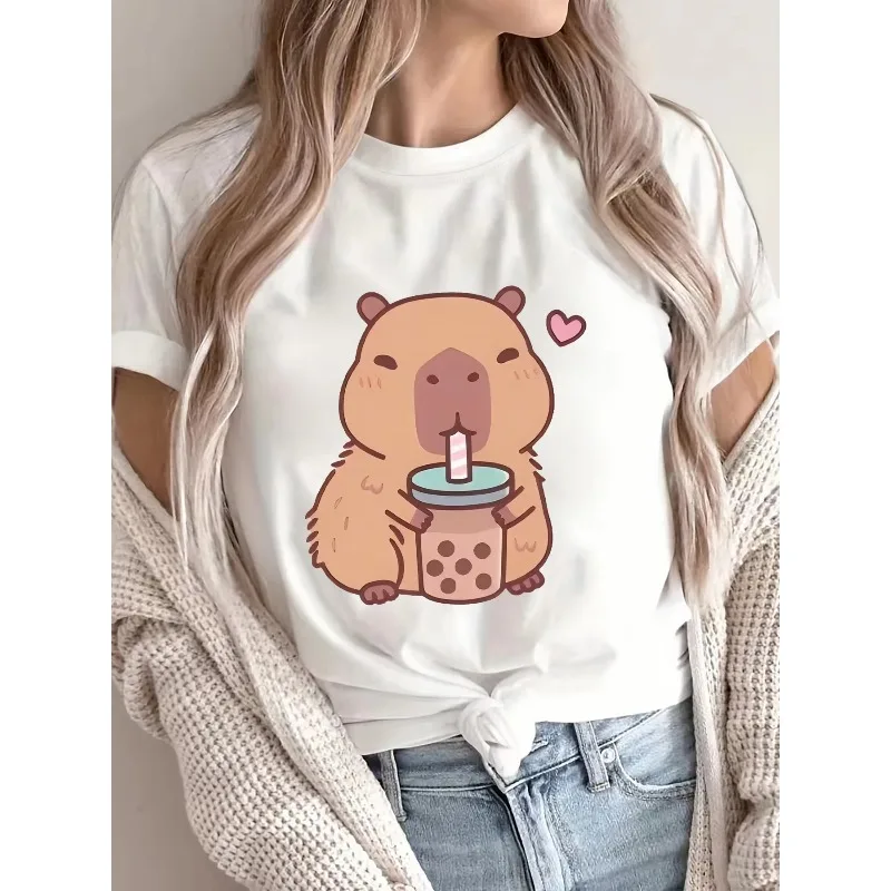 

Женская повседневная футболка с коротким рукавом и круглым вырезом, с принтом милой капибары и баббл-чай, в стиле Харадзюку, уличная эстетика