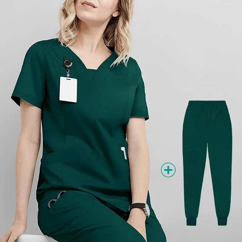 Women Medical Uniforms Elastic Scrubs Sets Hospital Surgical Gowns Short Sleeve Tops Pant Nursing Accessories Doctors Clothes