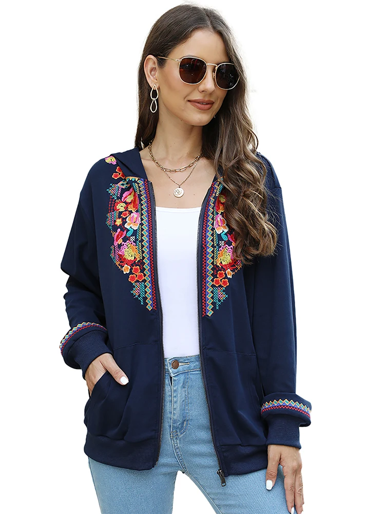 KHALEE YOSE Boho Floral Embroidery Hoodies Jackets Spring Autumn Long Sleeve Pockets Women Vintage Hooded Outwear Streetwear 3XL