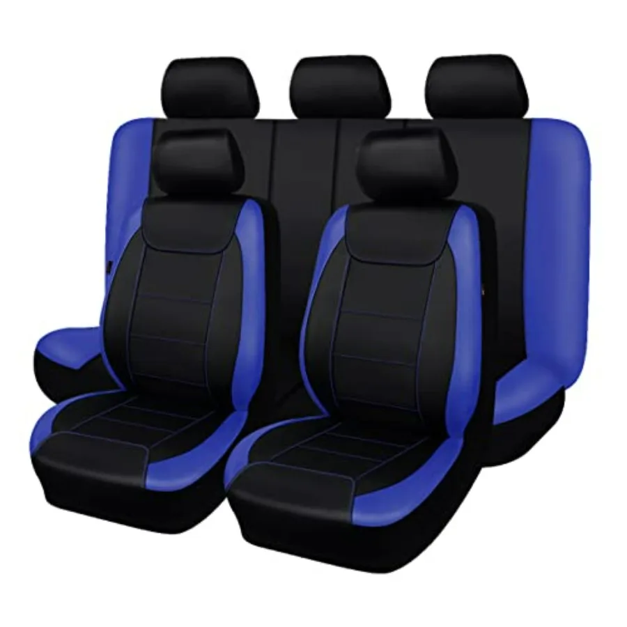 

Car Seat Covers Waterproof Faux Leather Carbon Fiber Front and Rear Bench Seat Set Blue Black 9PCS