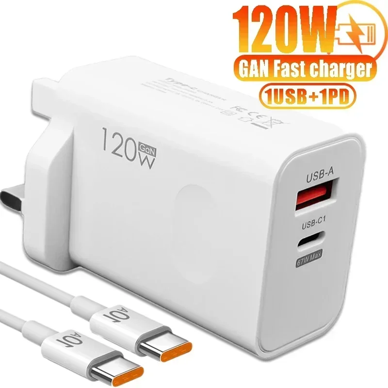 120W Fast Charging Charger QC 3.0 Wall Adapter USB A 2 Ports Phone Chargers Type C Cables for IPhone 15 14 Samsung Xiaomi Huawei