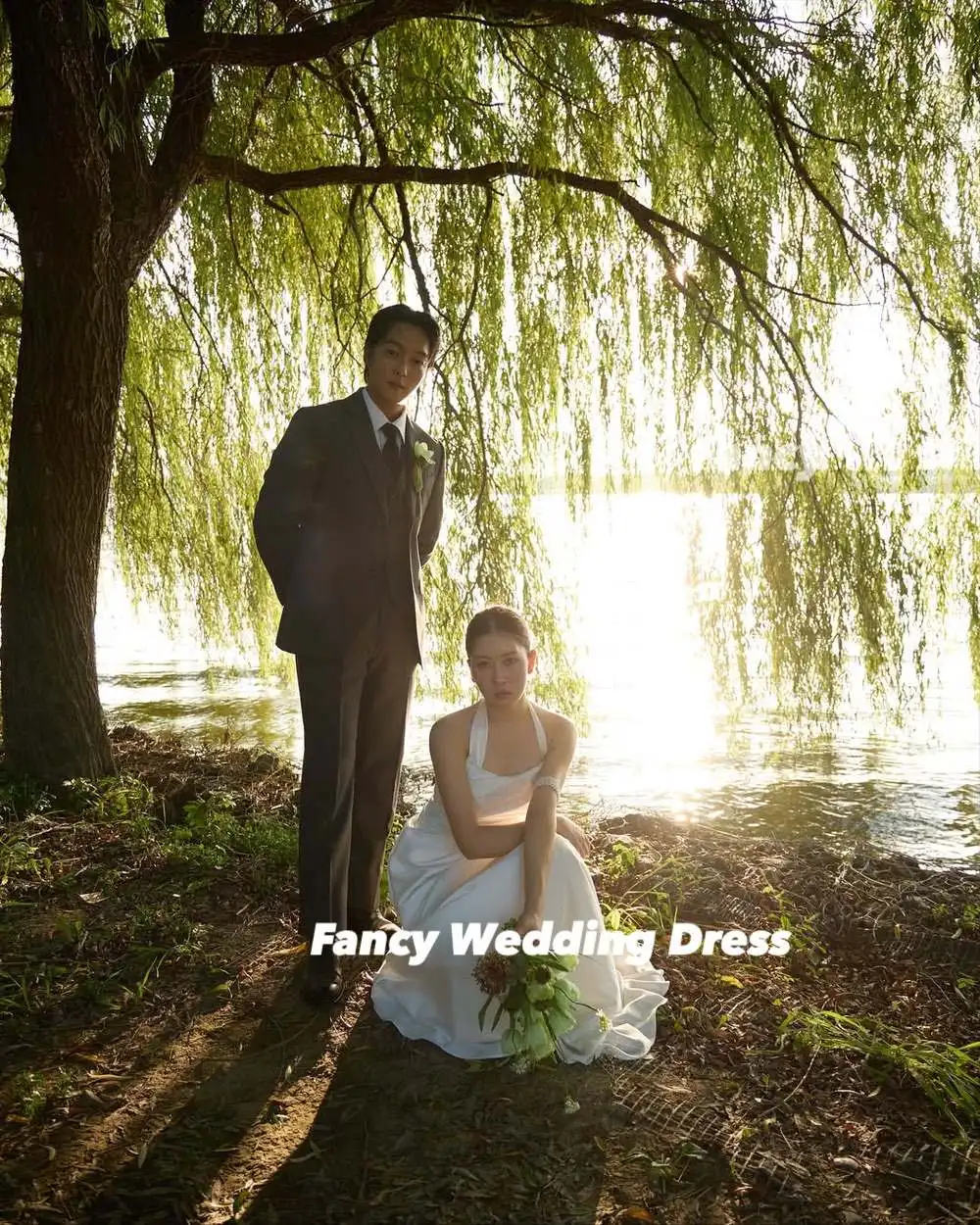 Fancy Korea Simple Strapless Wedding Dress A Line Soft Satin Evening Dress Back Corset Customized 웨딩드레스