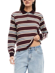 Women's Striped T-Shirt Contrast Color Long Sleeve Lapel Neck Button-up Casual Pullover Tops Female Fall Jumpers for Streetwear