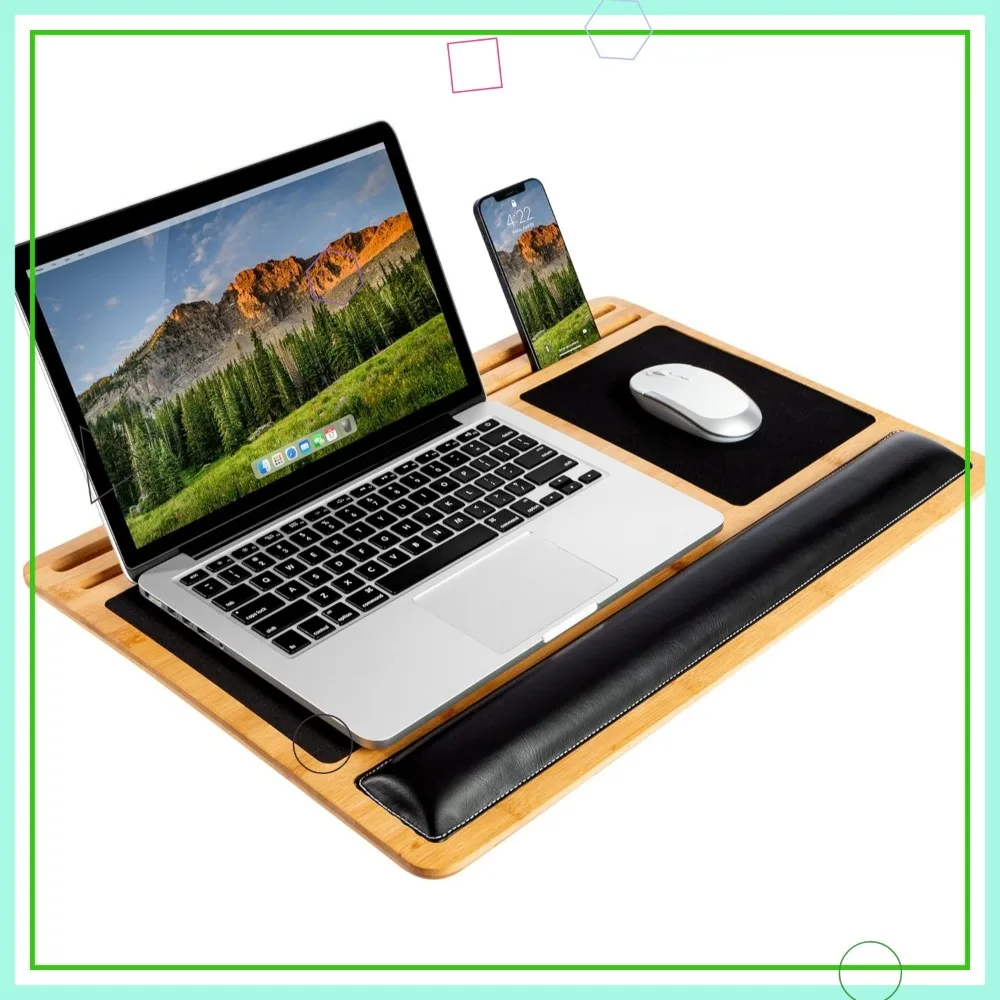 

Bamboo Lap Board with Wrist Rest, Mouse Pad, and Phone Holder for Laptops up to 17.3 Inches - Natural Finish