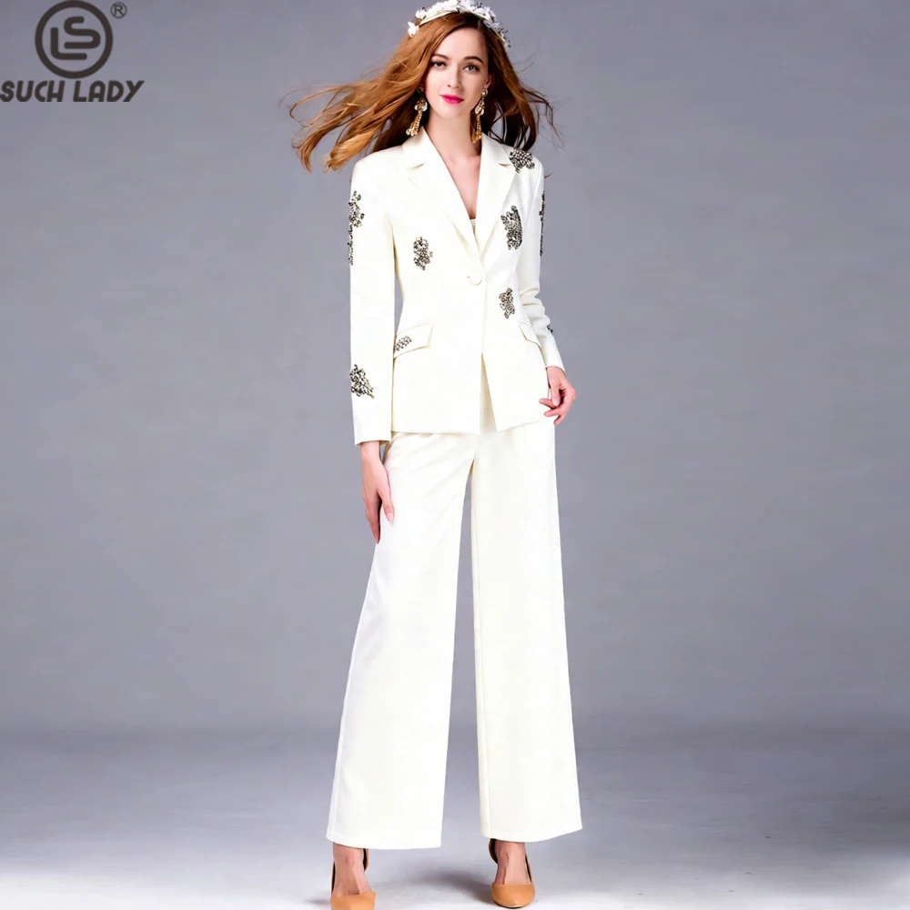 Women's White Pants Suit Set, Long Sleeve Blazer with Rhinestone Flower Embroidery, Elegant Evening Party Tuxedo Set