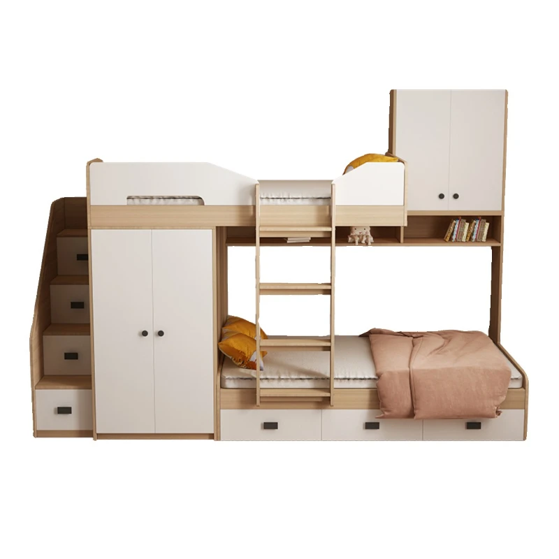 

Staggered upper and lower beds Small apartment children's high and low beds Multifunctional upper and lower bunk child and mothe