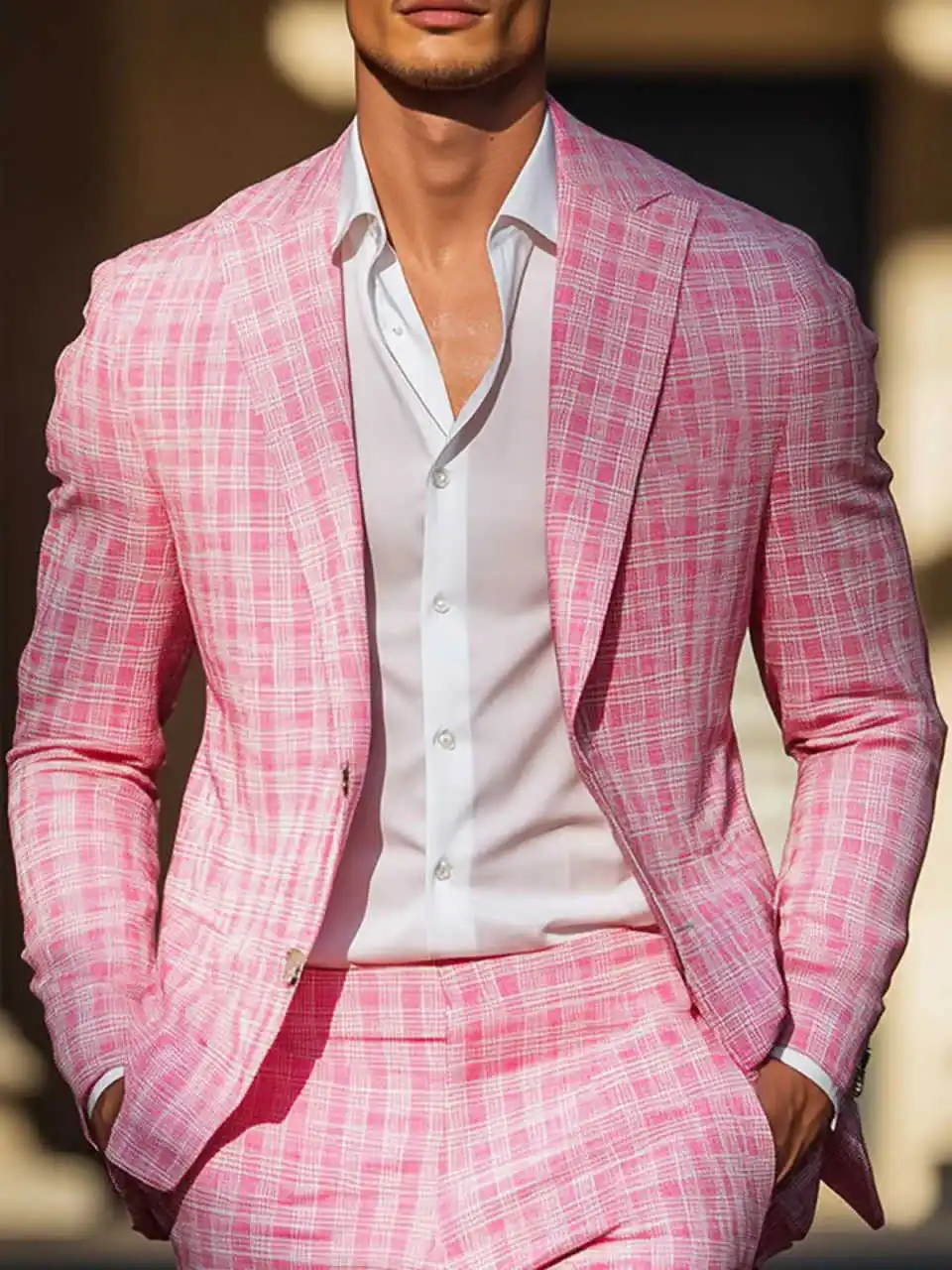 Esmoquin de cuadros rosas de verano para hombre, solapa con visera, ropa Formal para fiesta de cumpleaños y novio, trajes de Cosplay personalizados, 2 piezas