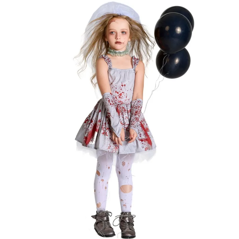 

Halloween Costume Child Gray Bloodstain Ghost Bride Cosplay Costume Masquerade Ball Gown Sling Poncho Play Costume