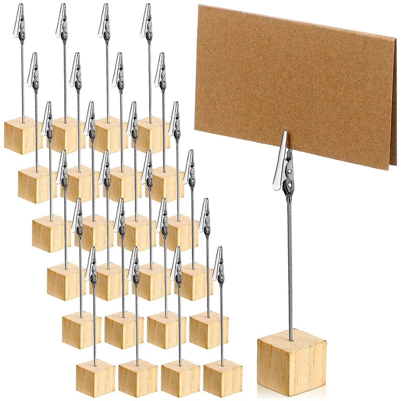 

AC57-24 Pcs Rustic Wooden Table Number Holders Place Number Holder Stand + Memo Clips And Kraft Cards Wood Picture Stands